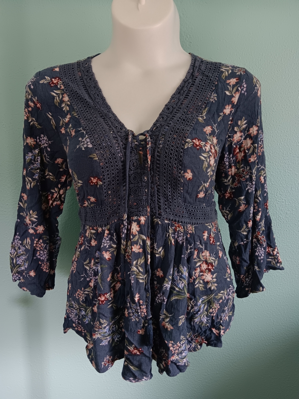 Torrid Blue Floral Crochet-Trim 2x Peasant Top